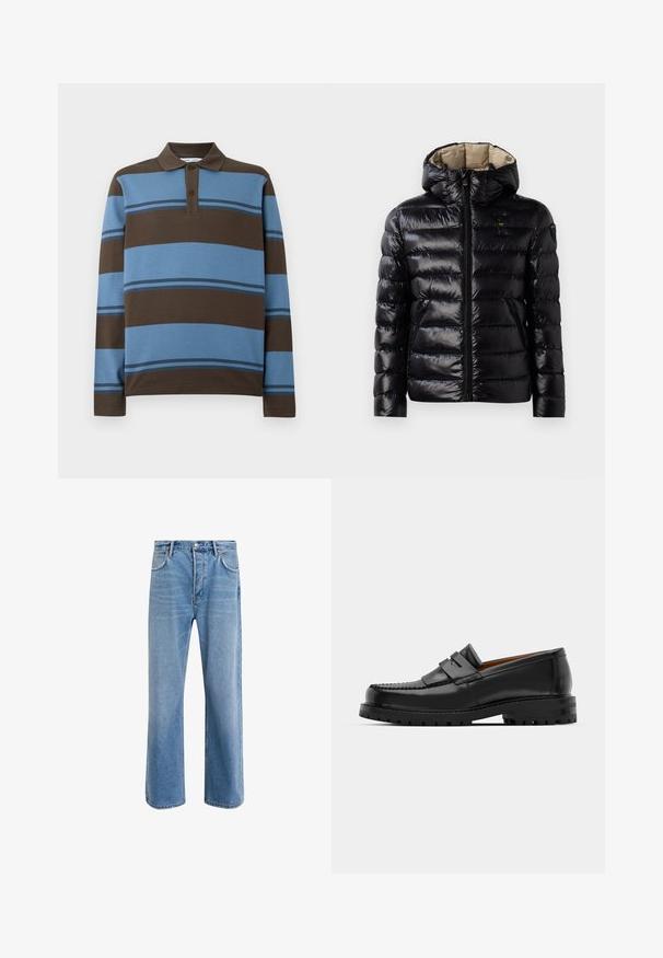 Musta puffatakki kiiltävällä pinnalla, tikattu muotoilu, huppu, vetoketjukiinnitys ja kaksi sivutaskua. Sisäosa on beige.; Paita polo, jossa on pitkät hihat, ruskeita ja vaaleansinisiä vaakaraitoja, kolmonen napitus ja ribbireunus kauluksessa.; Vaaleansiniset farkut suoranlahkeisella muotoilulla, viisi taskua, nappisuljenta, vähäinen kuluminen ja kontrastiväriset ompeluyksityiskohdat.; Mustat nahka loafit sisältävät kohoavan sauman, kaksi koristeellista nauhaa yläosassa ja paksun teksturoidun pohjan parempaa pitoa varten.