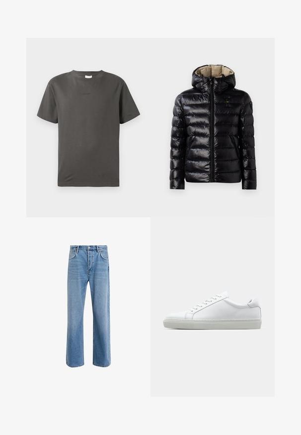 Musta puffatakki kiiltävällä pinnalla, tikattu muotoilu, huppu, vetoketjukiinnitys ja kaksi sivutaskua. Sisäosa on beige.; Harmaa puuvillapaita, jossa on pyöreä kaula-aukko ja lyhyet hihat. Edessä pieni, huomaamaton logo. Tasainen rakenne ja klassinen istuvuus.; Vaaleansiniset farkut suoranlahkeisella muotoilulla, viisi taskua, nappisuljenta, vähäinen kuluminen ja kontrastiväriset ompeluyksityiskohdat.; Valkoinen tennari, jossa on sileä nahkapäällinen ja matala profiili. Ominaisuuksiin kuuluu pyöreä kärki, kuusi rei'itystä ja teksturoitu kumipohja.