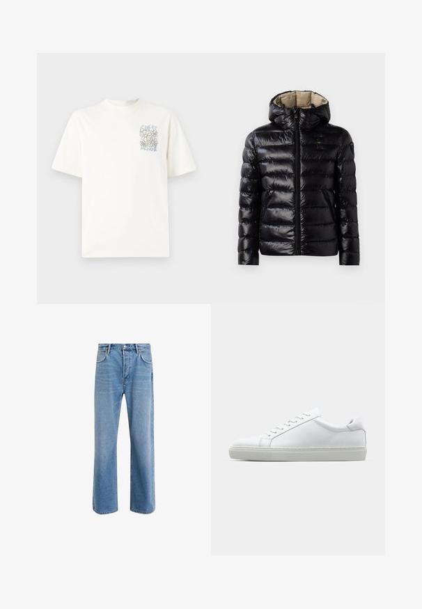 Svart boblejakke med skinnende overflate, quiltet design, hette, glidelås og to sidelommer. Innvendig er den beige.; Hvit bomulls t-skjorte med korte ermer, med et blått og grått blomstermønster og teksten "GUESS DESIGN" i en illustrert stil.; Lys blå denimjeans med rett ben-design, fem lommer, knappeåpning, minimal falming og kontrasterende sømdetaljer.; Hvit sneakers med en glatt skinnoverdel og lav profil. Har en rund tå, seks snøring hull, og en teksturert gummisåle.