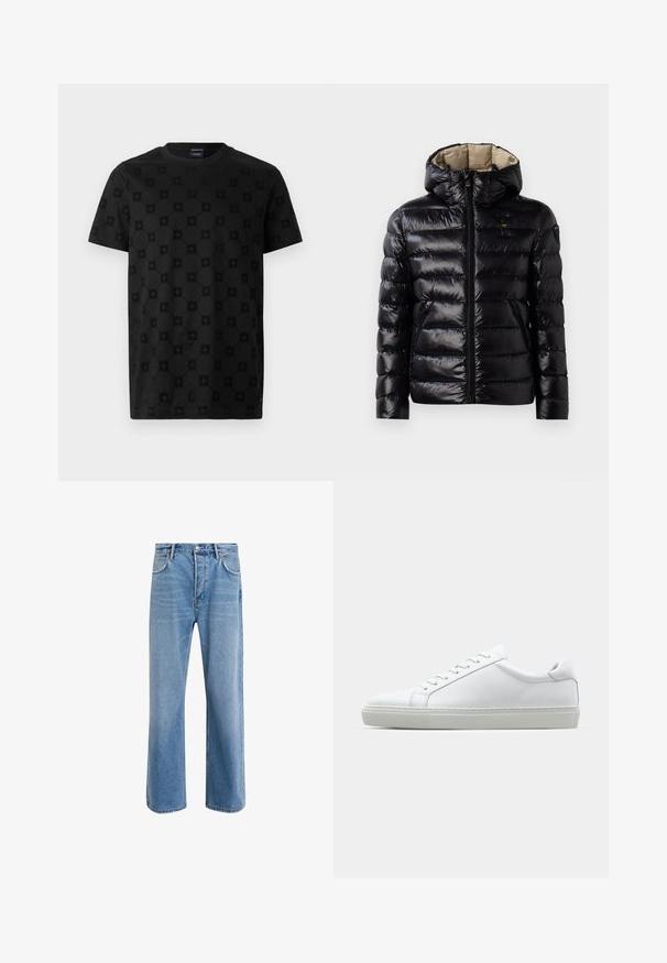 Sort puffer-jakke med en blank overflade, quiltet design, hætte, lynlås lukning og to sidelommer. Inderforet er beige.; Sort t-shirt med et struktureret mønster af cirkler og blomsterformer, korte ærmer og rund halsudskæring. Lavet af blødt bomuldsmateriale.; Lyseblå denim jeans med lige ben-design, fem lommer, knaplukning, minimal falming og kontraststingdetaljer.; Hvide sneakers med en glat læderoverdel og lav profil. Har en rund tå, seks snørehuller og en tekstureret gummisål.