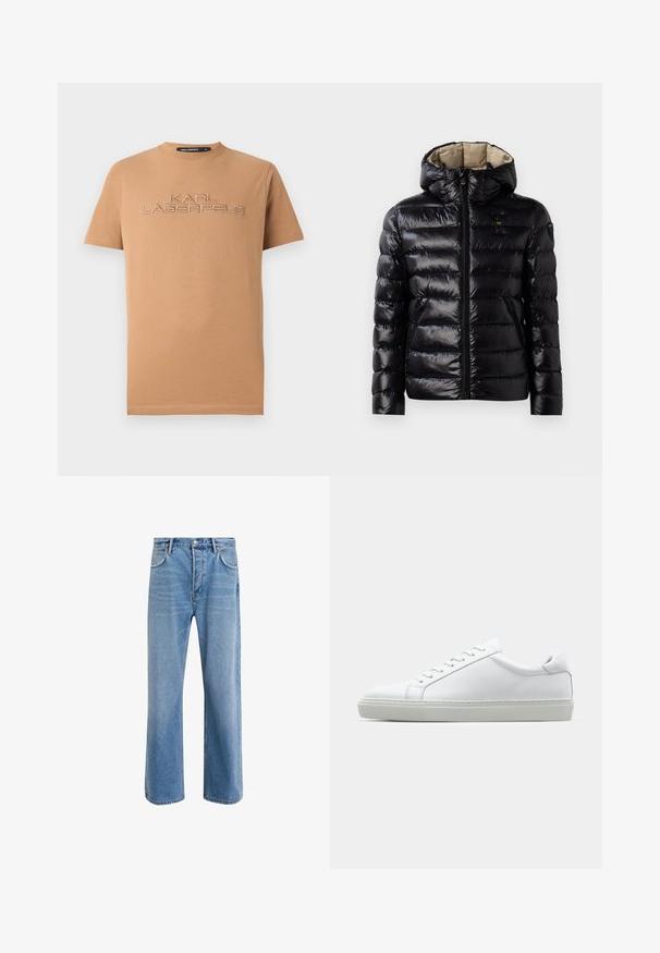 Casaco puffer preto com acabamento brilhante, design matelassé, capuz, fecho de correr e dois bolsos laterais. O interior é bege.; Camiseta de algodão castanha com mangas curtas, apresentando o texto bordado "KARL LAGERFELD" numa tonalidade ligeiramente mais clara na frente.; Calças de ganga azul claro com um design de perna reta, cinco bolsos, fecho de botão, desgaste mínimo e detalhes de costura em contraste.; Sapatilha branca com um cabedal em couro liso e de perfil baixo. Apresenta um bico redondo, seis ilhoses e uma sola de borracha texturizada.