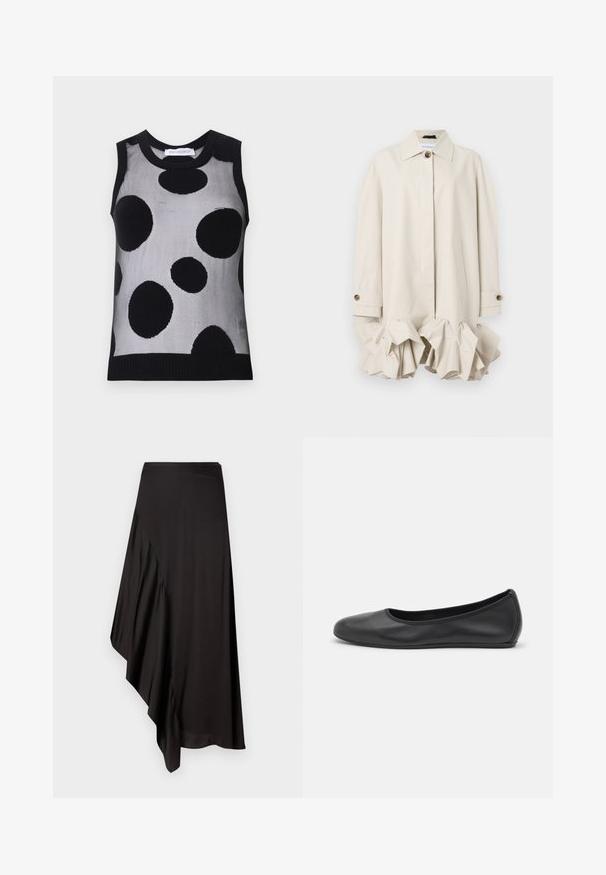 Trench coat bej cu un design structurat, având un tiv volandan, guler mare, închidere cu nasturi și buzunar lateral.; Top tricotat fără mâneci, negru și gri, cu mari puncte negre pe un fundal gri deschis. Guler și tiv cu model canalé.; AERON ASTER SKIRT - Fustă tip creion - black; Balerini din piele neagră, cu vârf rotund, textură netedă, detalii de cusătură minimale și un design al tălpii flexibil.