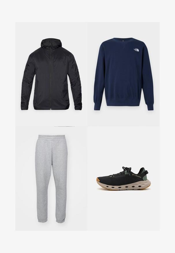 Juodas lengvas švarkas su užtrauktuku priekyje, gobtuvu ir lygiu paviršiumi; turi minimalų prekės ženklą krūtinėje ir elastingus rankogalius.; Jūrinės mėlynos spalvos prigludęs megztinis, pagamintas iš minkštos medžiagos, su apvaliu kaklu, ilgomis rankovėmis ir baltu logotipu ant krūtinės. Lygi tekstūra ir paprastas dizainas.; Pilki treninginiai keliai, pagaminti iš minkštos medžiagos, su elastinga juostos dalimi ir prigludusiomis rankovėmis, suteikiančiomis aptakų siluetą. Kišenės nematomos.; Juodos Columbia sportinės bateliai su kvėpuojančia viršutine dalimi, minkštu pilku viduriu ir tvirtu smėlio spalvos padu. Siūlo minimalistinį dizainą ir reguliuojamus raištelius.