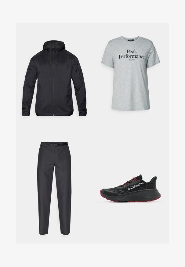 Jacket preto leve com fecho frontal, capuz e textura suave; apresenta uma marcação mínima no peito e punhos elásticos.; T-shirt de algodão cinza com mangas curtas e decote redondo, com texto preto a dizer "Peak Performance Est. 1986" na parte da frente.; Calças cinza-escuras com uma textura suave, cintura elástica com cinto e dois bolsos frontais para praticidade.; Shoe atlético preto com parte superior texturizada, atacadores vermelhos e logótipo. Sola espessa com padrão para tração. Design minimalista, vista lateral.