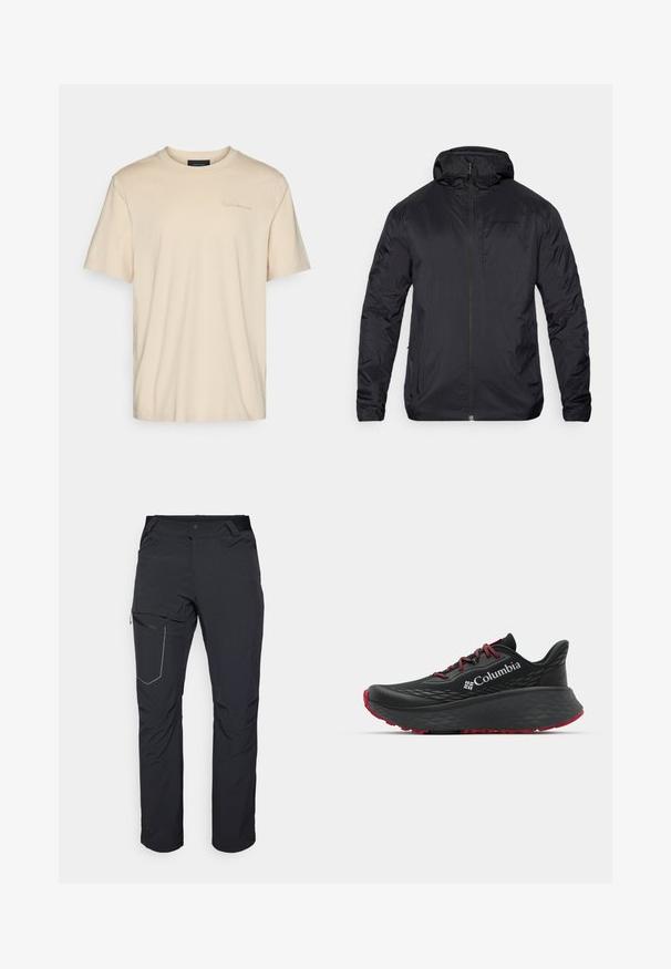 Juodas lengvas švarkas su užtrauktuku priekyje, gobtuvu ir lygiu paviršiumi; turi minimalų prekės ženklą krūtinėje ir elastingus rankogalius.; Kreminės spalvos medvilninė trumpa rankovė marškinėliai su apvaliu iškirpimu. Išskirtinai išsiuvinėtas logotipas ant krūtinės. Minkšta, glotni tekstūra.; Juodos lauko kelnės su užtrauktuku šlaunies kišenėje, elastinga juosmeniu ir lygiu, vandens nepraleidžiančiu audiniu. Tinkama dizaino forma be matomų logotipų.; Juodas sportinis batelis su tekstūruota viršutine dalimi, raudonais raišteliais ir logotipu. Storas padas su raštuotu protektoriu traukai. Minimalistinis dizainas, šoninis vaizdas.