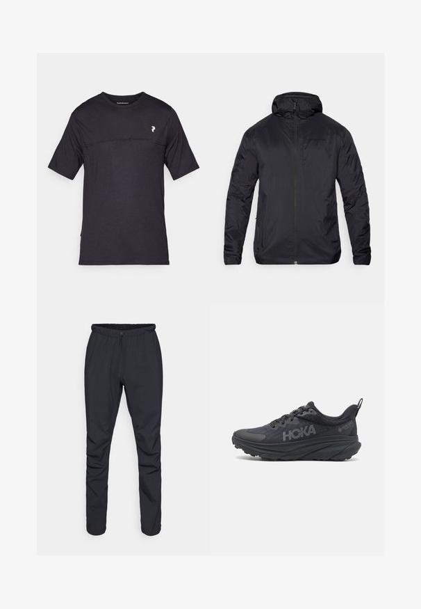 Zwarte lichtgewicht jas met een rits aan de voorkant, capuchon en een gladde textuur; beschikt over minimale branding op de borst en elastische manchetten.; Peak Performance TRAIL - T-shirt print - black; Zwarte lichtgewicht broek met een elastische tailleband, trekkoorden en taps toelopende benen. Gemaakt van waterafstotend materiaal met een gladde textuur.; Zwarte Hoka hardloopschoen met een bovenwerk van mesh, textuurdetails en een dikke, gevoerde zool met taps toelopende randen voor verbeterde ondersteuning.