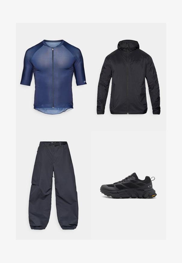 Chaqueta ligera negra con cremallera frontal, capucha y textura suave; presenta un diseño con mínima marca en el pecho y puños elásticos.; Jersey de ciclismo de manga corta en color navy con cremallera frontal, hecho de tejido ligero. Presenta mangas raglán y un dobladillo curvado en la parte trasera.; Pantalones cargo gris oscuro hechos de un material suave y duradero. Presentan un corte ancho y holgado, varios bolsillos y un cinturón en la cintura para ajuste.; Zapatos deportivos negros con una suela gruesa, parte superior de malla y sintético, acentos texturizados y marca Vibram en la suela exterior.