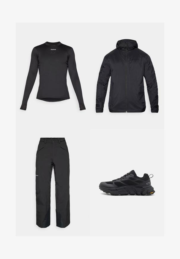 Crna lagana jakna s patentnim zatvaračem sprijeda, kapuljačom i glatkom teksturom; sadrži minimalno brendiranje na prsima i elastične manžete.; Crni dukserica dugih rukava od osnovnog sloja s rešetkastom teksturom, okruglim izrezom i GripGrab logotipom na prsima. Blago suženi kroj s obrubom.; Crne vodootporne hlače ravnog kroja, s zatvorenim džepovima, ojačanim rubovima i glatkom teksturom.; Crne atletske cipele s debelim potplatom, mrežastim i sintetičkim gornjištem, teksturiranim detaljima i Vibram oznakom na potplatu.