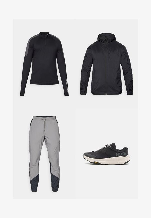 Jacket preto leve com fecho frontal, capuz e textura suave; apresenta uma marcação mínima no peito e punhos elásticos.; Camisa atlética preta de mangas compridas com um zíper de um quarto e detalhes cinzas nos ombros. Apresenta o texto "PeakPerformance" na manga esquerda.; Calças de treino leves e cinzentas com detalhes pretos. Cintura elástica, fecho com cordão, design de perna afunilada e bolsos laterais.; Sapatilha atlética preta com parte superior texturizada, detalhes cinzentos, elementos refletivos e uma sola branca espessa com a marca Vibram.