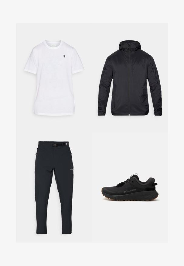 Jacket preto leve com fecho frontal, capuz e textura suave; apresenta uma marcação mínima no peito e punhos elásticos.; Peak Performance EXPLORE GRAPHIC TEE - T-shirt estampada - white; Columbia ESSENTIAL HIKE™ PANT - Calças para exterior - black; Shoe atlético preto da Columbia com uma superfície texturizada, colarinho acolchoado e sola de borracha com um padrão distinto para tração.