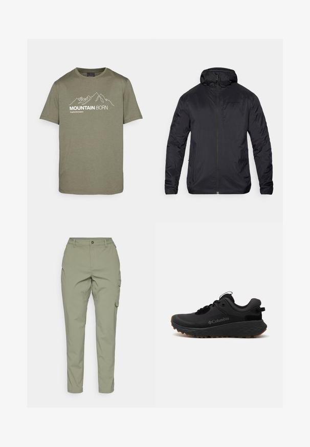 Svart lett jakke med glidelås foran, hette og glatt tekstur; har minimal merking på brystet og elastiske mansjetter.; Peak Performance EXPLORE GRAPHIC TEE - T-shirts med print - pine needle; Lys olivengrøn cargo bukser med rett ben design, front knaplukning og sidelommer for funksjonalitet. Glatt, slitesterkt stoff.; Svart Columbia treningssko med teksturert overflate, polstret krage og gummisåle med et distinkt mønster for grep.