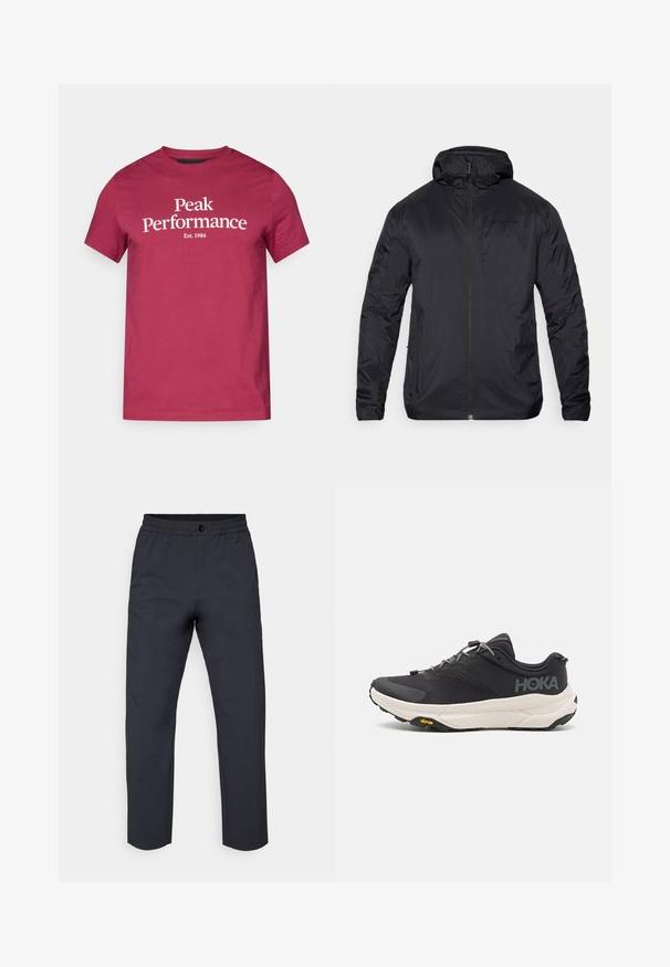 Juodas lengvas švarkas su užtrauktuku priekyje, gobtuvu ir lygiu paviršiumi; turi minimalų prekės ženklą krūtinėje ir elastingus rankogalius.; Bordo spalvos medvilnės marškinėliai su balta užrašu "Peak Performance" ir "Est. 1986." Trumpomis rankovėmis ir klasikiniu apvaliu iškirpimu.; Tamsiai pilkos kelnės pagamintos iš glotnaus audinio. Yra elastinga juosmens juosta, priekinis mygtuko užsegimas ir šiek tiek siaurėjančios kojos.; Juodos sportinės bateliai su tekstūruota viršutine dalimi, pilkų akcentų, atspindinčiomis detalėmis ir storu baltu padu su Vibram prekės ženklu.