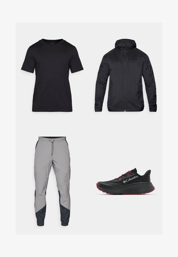 Sort letvægtsjakke med lynlås foran, hætte og glat tekstur; har minimal branding på brystet og elastiske manchetter.; Sort T-shirt lavet af glat stof, med rund halsudskæring og korte ærmer. Diskret branding trykt i sort på brystet.; Lettere, grå atletiske bukser med sorte detaljer. Elastisk talje, snøre lukning, tapered ben-design og sidelommer.; Sort atletisk sko med struktureret overdel, røde snørebånd og logo. Tykk sål med mønstret bund for godt greb. Minimalistisk design, set fra siden.