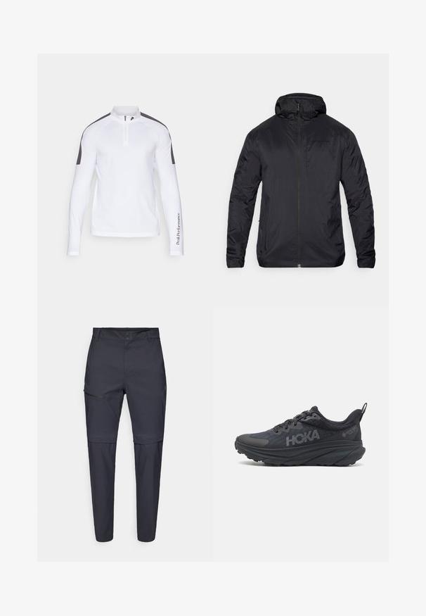 Zwarte lichtgewicht jas met een rits aan de voorkant, capuchon en een gladde textuur; beschikt over minimale branding op de borst en elastische manchetten.; Witte langermige shirt met een kwart rits en grijze schouderaccenten. Het heeft een gladde, rekbare stof en een logo gedrukt op de mouw.; Marineblauwe, lichtgewicht broeken met een ritszak op de dij en een recht gesneden ontwerp; gemaakt van een zachte, duurzame stof.; Zwarte Hoka hardloopschoen met een bovenwerk van mesh, textuurdetails en een dikke, gevoerde zool met taps toelopende randen voor verbeterde ondersteuning.