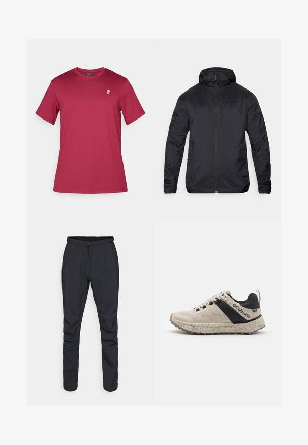 Schwarze, leichte Jacke mit Reißverschluss vorne, Kapuze und glatter Textur; verfügt über minimale Markenkennzeichnung auf der Brust und elastische Bündchen.; Bordeauxfarbendes Baumwoll-T-Shirt mit kurzen Ärmeln, Rundhalsausschnitt und kleinem weißen Logo auf der linken Brustseite. Weiche Textur und lässiges Design.; Schwarze leichte Hose mit elastischem Bund, Kordelzug und schmal zulaufendem Bein. Hergestellt aus wasserabweisendem Material mit glatter Textur.; Columbia Sneaker in Beige und Schwarz, mit einem strukturierten Mesh-Obermaterial, gesprenkelter Zwischensohle und einer robusten Gummisohle für Traktion.