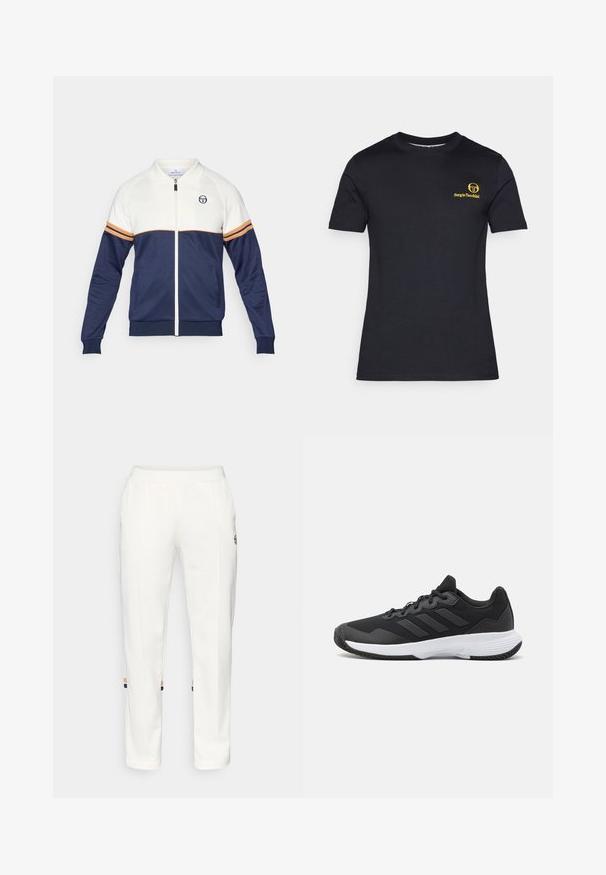 Námornícky a biely zipsový kabát s polo golierom. Obsahuje pruhované akcenty v oranžovej a námorníckej farbe, textúrovanú tkaninu a logo na hrudi.; Čierne tričko s krátkym rukávom vyrobené z bavlny. Má žlté logo potlačené na ľavej hrudi. Klasický okrúhly výstrih, hladká textura.; Biele jogger nohavice vyrobené z mäkkej tkaniny, s bočnými vreckami a farebnými pruhmi na členkoch v oranžovej a modrej farbe.; Čierna atletická topánka s textúrovaným zvrškom, s tromi horizontálnymi pruhmi a bielou podrážkou s vzorovaným profilom. Ľahký a aerodynamický dizajn.