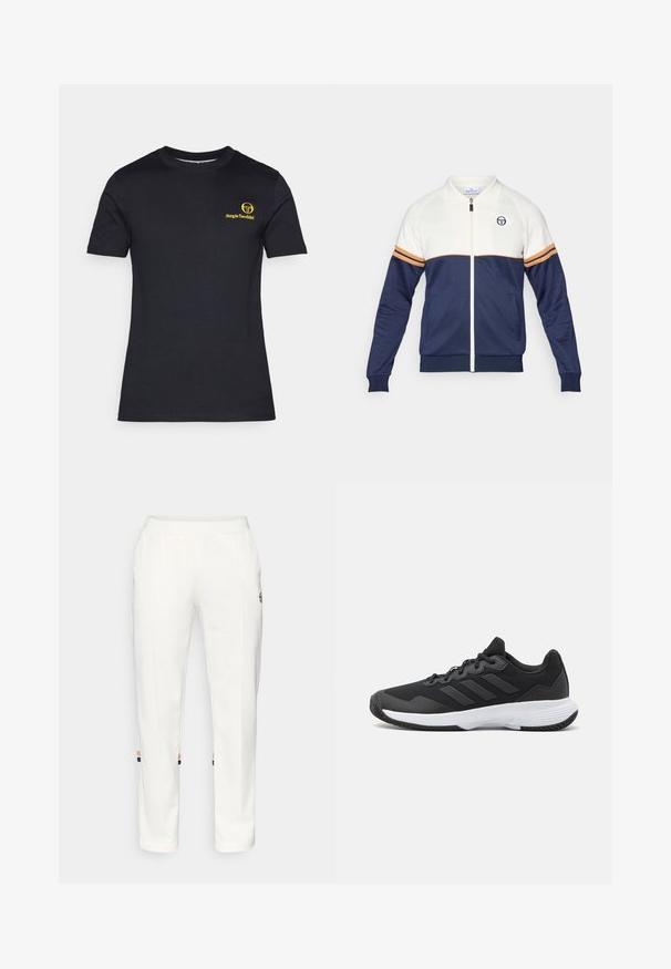 Námornícky a biely zipsový kabát s polo golierom. Obsahuje pruhované akcenty v oranžovej a námorníckej farbe, textúrovanú tkaninu a logo na hrudi.; Čierne tričko s krátkym rukávom vyrobené z bavlny. Má žlté logo potlačené na ľavej hrudi. Klasický okrúhly výstrih, hladká textura.; Biele jogger nohavice vyrobené z mäkkej tkaniny, s bočnými vreckami a farebnými pruhmi na členkoch v oranžovej a modrej farbe.; Čierna atletická topánka s textúrovaným zvrškom, s tromi horizontálnymi pruhmi a bielou podrážkou s vzorovaným profilom. Ľahký a aerodynamický dizajn.