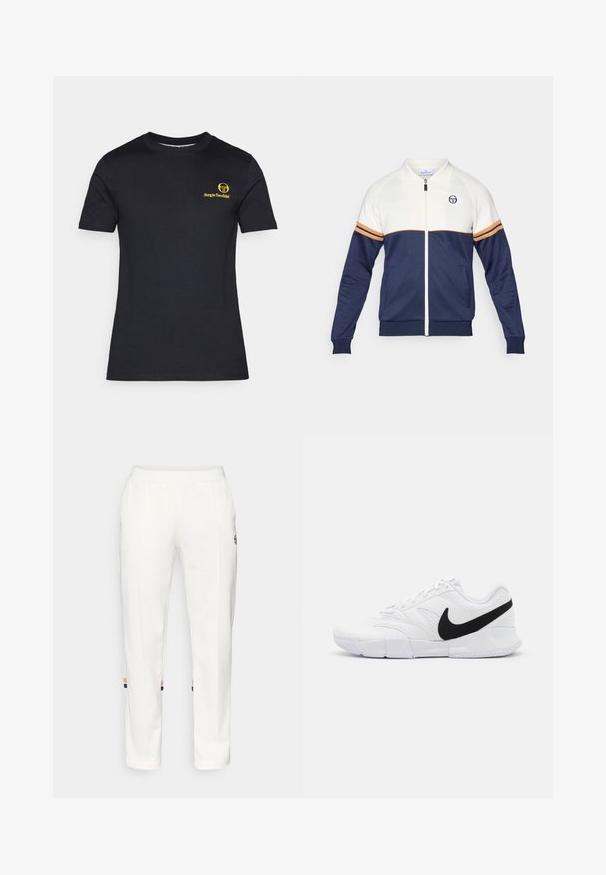 Jūras spēku zila un balta ar rāvējslēdzēju apģērba jaka ar polo apkakli. Iezīmēts ar oranžiem un jūras spēku ziliem svītriem, teksturētu audumu un logotipu uz krūtīm.; Melna īsām piedurknēm t-kreklu, izgatavotu no kokvilnas. Kreisajā krūtīs ir dzeltena logo apdruka. Klasiska apaļa dekoltē, gluda tekstūra.; Baltas sporta bikses, kas izgatavotas no mīksta auduma, ar sānu kabatām un krāsainām svītrām pie potītēm, kuras rotā oranžas un zilas akcents.; Baltie sporta apavi ar teksturētu augšdaļu, melnu Nike swoosh, mīkstu apkakli un cietu gumijas zoli ar rakstainu virsmu.