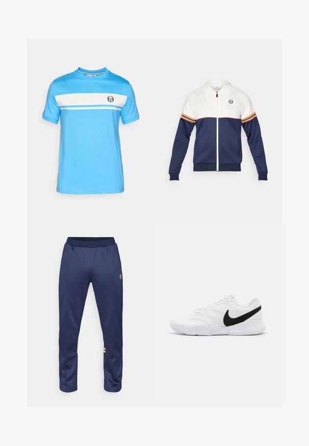 Navy and white zip-up jacket with a polo collar. Features striped accents in orange and navy, textured fabric, and a logo on the chest.; Light blue short-sleeve T-shirt featuring a white horizontal stripe and a small logo on the chest. Made of soft cotton material.; Navy blue athletic pants with an elastic waistband, two side stripes in orange on the lower legs, and a logo on the upper right leg.; White athletic shoes featuring a textured upper, black Nike swoosh, padded collar, and a solid rubber outsole with patterned tread.