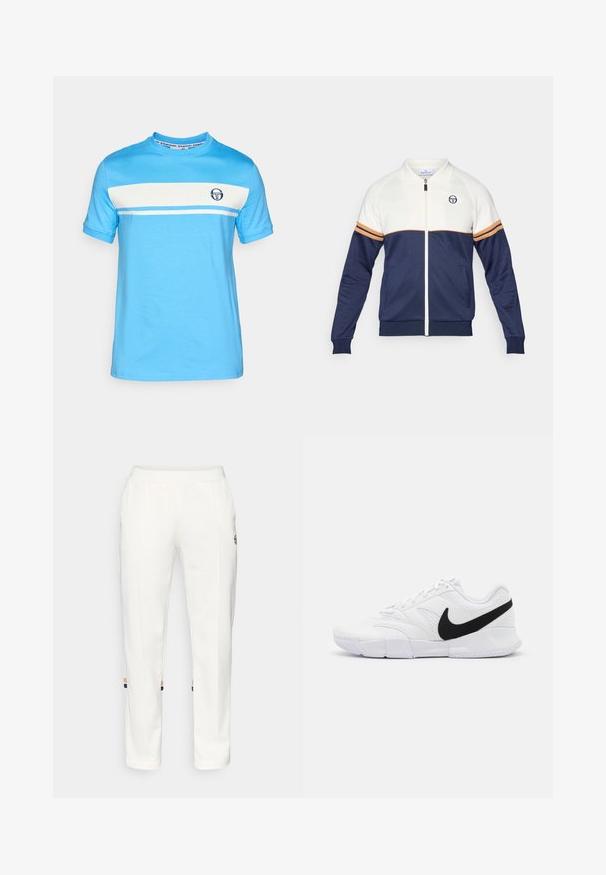 Navy and white zip-up jacket with a polo collar. Features striped accents in orange and navy, textured fabric, and a logo on the chest.; Light blue short-sleeve T-shirt featuring a white horizontal stripe and a small logo on the chest. Made of soft cotton material.; White jogger pants made of soft fabric, featuring side pockets and colored stripes at the ankle with orange and blue accents.; White athletic shoes featuring a textured upper, black Nike swoosh, padded collar, and a solid rubber outsole with patterned tread.