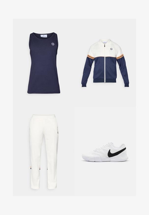 Marineblå og hvit jakke med glidelås og polo krage. Har stripete detaljer i oransje og marineblått, teksturert stoff, og en logo på brystet.; Marineblå ermeløs tanktopp laget av myk stoff, med rund hals og en liten hvit logo på venstre bryst.; Hvite joggebukser laget av myk stoff, med sidelommer og fargede striper ved ankelen med oransje og blå detaljer.; Hvite joggesko med teksturert overdel, svart Nike-svaff, polstret krage og en solid gummiyttersåle med mønstrede spor.