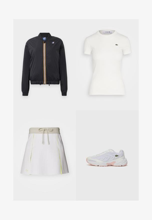 Jachetă bomber neagră din material ușor, cu fermoar în față, având o dungă galbenă și albă. Mansete și tiv elastic, include ajustatori cu șnur.; Tricou alb cu mânecă scurtă, din material ribit, cu decolteu rotund și un mic logo cu crocodil verde Lacoste pe partea stângă a pieptului. Material din bumbac neted.; Fustă scurtă albă cu un elastic de culoare bej la talie și șnur. Prezintă accente laterale în culoare galben neon și pliseuri. Logo-ul Lacoste se află în partea stângă jos.; Pantofi sport albi cu un superior din plasă texturată, accente roz subtile pe talpă și un logo verde de crocodil pe lateral.