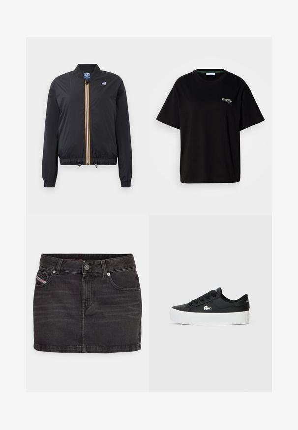 Svart bomberjakke i lett materiale med glidelås foran, med en gul og hvit stripe. Elastiske mansjetter og hem, inkluderer justerbare snører.; Svart bomull T-skjorte med korte ermer, med et lite grønt logoakcent på venstre bryst. Klassisk rund hals, avslappet passform.; Svart denim mini skjørt med en tettsittende design. Har fem lommer, knappelukking og en lett slitt tekstur.; Sorte lavtopp sneakers laget av syntetisk materiale, med hvit gummisåle, svarte snørebånd og en liten hvit logo på siden.