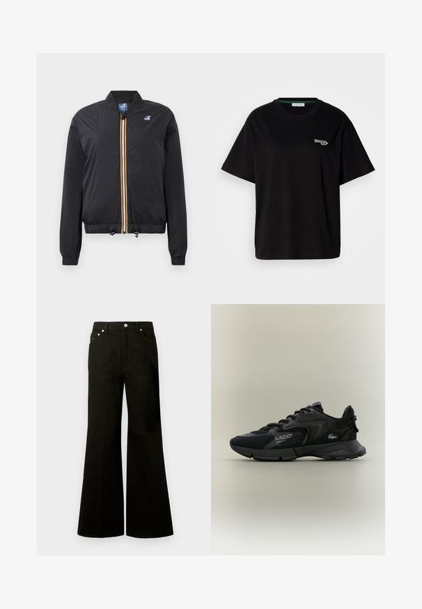 Jacket bomber preta em material leve com fecho de correr, apresentando uma faixa amarela e branca. Punhos e bainha elásticos, inclui ajustadores de cordão.; T-shirt preta de algodão com mangas curtas, apresentando um pequeno logótipo verde no lado esquerdo do peito. Decote redondo clássico, ajuste descontraído.; Calças de ganga pretas de cintura alta e perna larga, com botão e fecho éclair frontal, passadores para cinto e cinco bolsos, incluindo um pequeno bolso para moedas.; Sapatilha atlética preta com materiais em malha e sintético, detalhes texturizados, design de atacadores e logótipo proeminente na lateral.