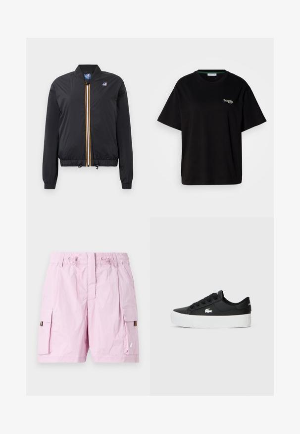 Zwarte bomberjack van lichtgewicht materiaal met een rits aan de voorkant, voorzien van een gele en witte streep. Elastische manchetten en zoom, inclusief toggles om aan te passen.; Zwarte katoenen t-shirt met korte mouwen, voorzien van een klein groen logo op de linkerkant van de borst. Klassieke ronde hals en een relaxte pasvorm.; Lichtroze cargoshorts met een elastische tailleband, voorzien van twee zijzakken en een meerkleurig label aan de linkerzijde. Soepele textuur.; Zwarte lage sneaker gemaakt van synthetisch materiaal, met een witte rubberen zool, zwarte veters en een klein wit logo aan de zijkant.