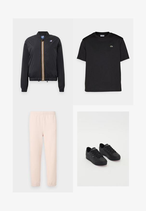 Svart bomberjakke i lett materiale med glidelås foran, med en gul og hvit stripe. Elastiske mansjetter og hem, inkluderer justerbare snører.; Svart bomull T-skjorte med rund hals, korte ermer og en liten grønn brodert logo på venstre bryst. Enkelt design.; Lys rosa joggebukser med elastisk midje og samlet mansjett, laget av myk bomullsblanding med en glatt tekstur.; Sorte, lave sneakers i glat materiale, med tykke snørebånd, en tekstureret sål og et lille logo på siden og tungen.