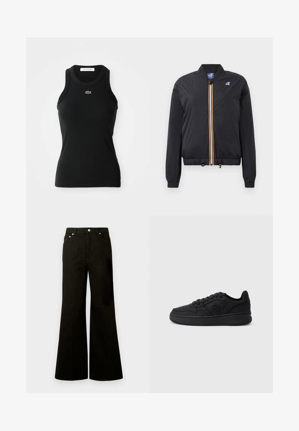 Zwarte bomberjack van lichtgewicht materiaal met een rits aan de voorkant, voorzien van een gele en witte streep. Elastische manchetten en zoom, inclusief toggles om aan te passen.; Zwart mouwloos geribbeld tanktop met een ronde hals en een klein groen Lacoste krokodillenlogo gecentreerd onder de halslijn.; Zwarte high-waist wijde jeans met knopen en ritssluiting aan de voorkant, riemlussen en vijf zakken, waaronder een klein muntzakje.; Zwarte sportieve sneaker heeft een textuur met geometrische patronen, een gevoerd kraagje en een rubberen zool, ontworpen voor comfort en stijl.