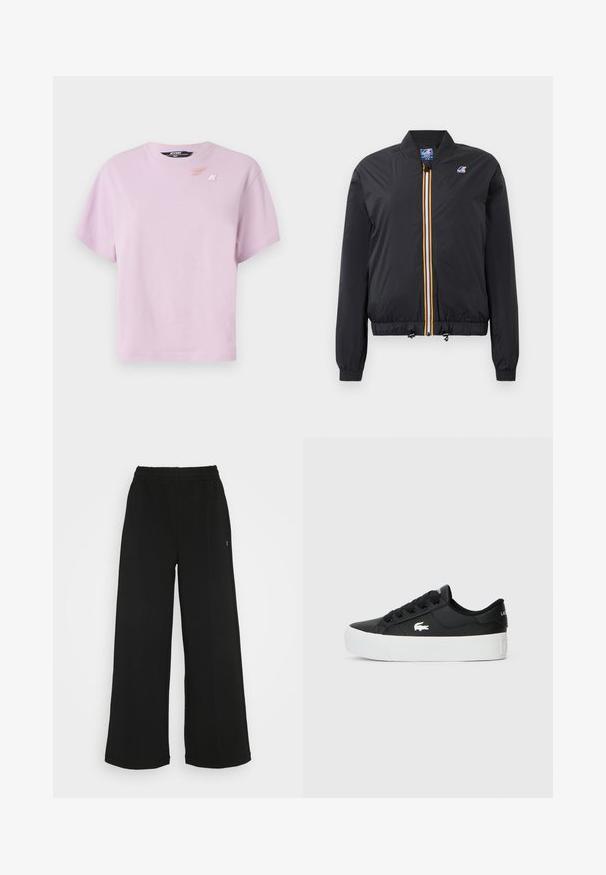 Juodas bomberio tipo džemperis iš lengvos medžiagos su užtrauktuku priekyje, kuriame yra geltona ir balta juostelė. Elastingi rankogaliai ir apačia, komplekte yra patempimo reguliatoriai.; Šviesiai purpurinis medvilninis marškinėliai su apvalia iškirpte, trumpomis rankovėmis ir subtiliu logotipo spaudiniu ant krūtinės. Šiek tiek trumpesnis dizainas.; Juodi plačios kojų kelnės su elastinga liemene. Pagamintos iš minkštos, lengvos medžiagos. Yra vertikalūs siūlai priekyje.; Juodos žemos sportbačiai, pagaminti iš sintetinio medžiagos, su balta guma padu, juodais raišteliais ir mažu baltu logotipu šone.
