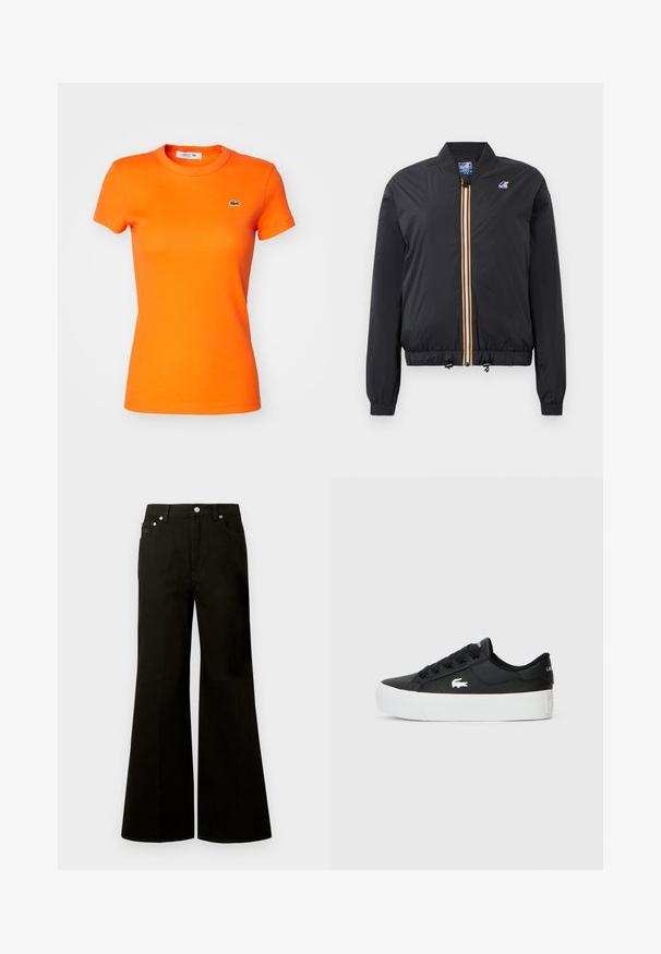 Musta bomber-takki kevyestä materiaalista, jossa on vetoketju edessä ja keltainen sekä valkoinen raita. Elastiset hihat ja helma, sisältää säätösoljet.; Lacoste T-paita - buoy; Musta korkeavyötäröiset leveälahkeiset farkut, joissa on edessä nappi ja vetoketju, solkilenkit ja viisi taskua, mukaan lukien pieni kolikkotasku.; Musta matalavartinen lenkkari, joka on valmistettu synteettisestä materiaalista ja jossa on valkoinen kumipohja, mustat nauhat ja pieni valkoinen logo sivussa.