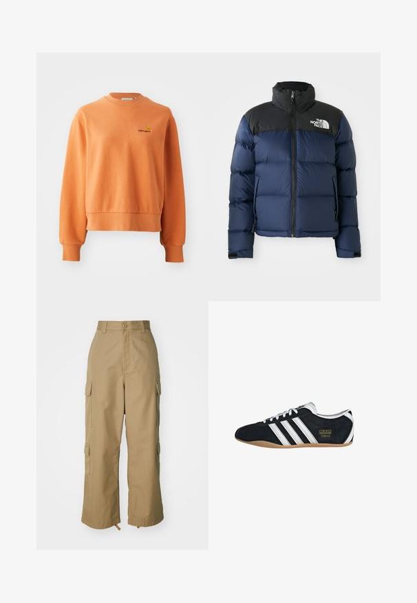 Marineblaue Steppjacke mit schwarzer Kapuze und Schultern, ausgestattet mit einem Reißverschluss vorne, genähtem Muster und Logo im linken Brustbereich.; Oranges Sweatshirt aus weicher Baumwolle, mit geribtem Rundhalsausschnitt, langen Ärmeln und einem kleinen gestickten Logo auf der Brust.; Beige Cargo-Hosen mit hoher Taille, weitem Bein und vier großen Seitentaschen. Aus strapazierfähigem Stoff mit glatter Textur und minimalen Details.; Schwarze Wildledersneaker mit drei weißen Streifen, goldenem Logo und brauner Gummisohle. Merkmale ein niedrigprofiliertes Schnürdesign.