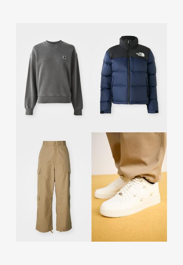 Mørkeblå puffjakke med svart hette og skuldre, med glidelås foran, sydd mønster og logo på venstre brystområde.; Grå pullover sweatshirts laget av glatt bomullsblanding, med rund hals, ribbestrikkede mansjetter og et lite logomerke på venstre bryst.; Beige cargo bukser med høj talje, brede ben og fire store sidelommer. Fremstillet af slidstærkt stof med en glat tekstur og minimal detalje.; Hvite lær sneakers med perforert tå, gyldne detaljer og flate lisser, kombinert med beige bukser på en teksturert gul overflate.