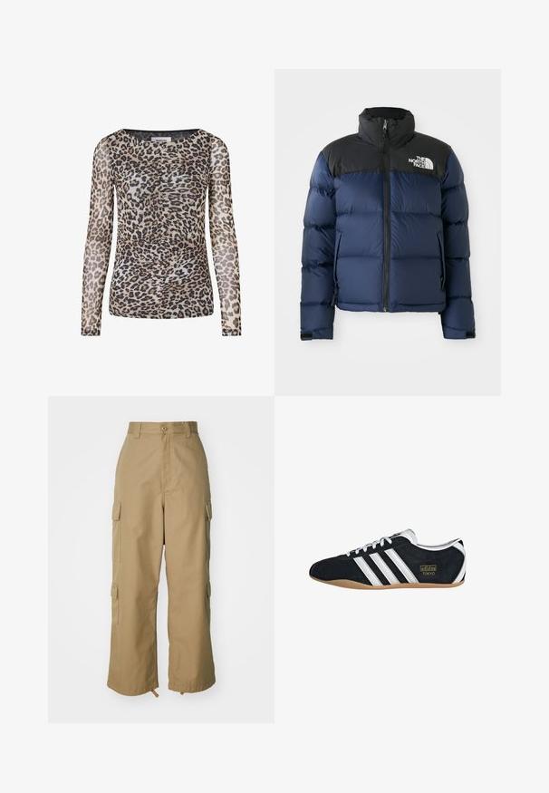 Giacca a vento blu navy con cappuccio e spalle nere, caratterizzata da una zip frontale, un motivo cucito e un logo sull'area sinistra del petto.; Top a maniche lunghe in stampa leopardata realizzato in un tessuto leggero e trasparente. Presenta un collo rotondo e dettagli arricciati, con tonalità di beige, nero e marrone.; Due t-shirt bianche in cotone con maniche corte, scollatura rotonda e silhouette aderente, presentano una texture liscia e un design minimalista.; Pantaloni cargo beige con vita alta, gamba ampia e quattro grandi tasche laterali. Realizzati in un tessuto resistente con una texture liscia e dettagli minimi.; Sneaker in pelle scamosciata nera con tre strisce bianche, logo dorato e suola in gomma marrone. Caratterizzato da un design a lacci a profilo basso.