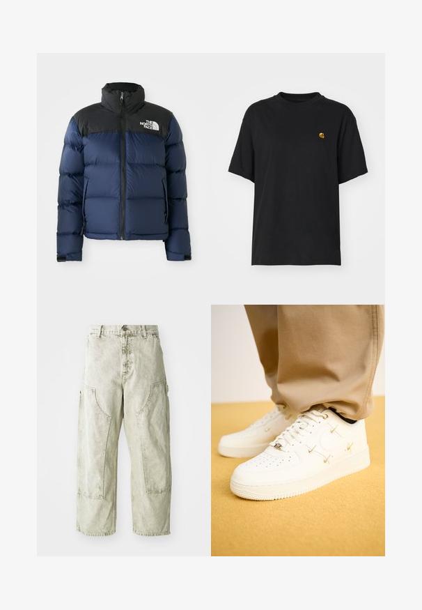 Navy blue puffer jacket with black hood and shoulders, featuring a front zip, stitched pattern, and logo on the left chest area.; Black cotton t-shirt with a relaxed fit. Features a round neck and short sleeves. Includes a small gold embroidered logo on the chest.; Light green wide-leg cargo pants made of denim, featuring large side pockets, a button and zipper closure, and visible stitching details.; White leather sneakers with perforated toe, golden accents, and flat laces, paired with beige pants on a textured yellow surface.