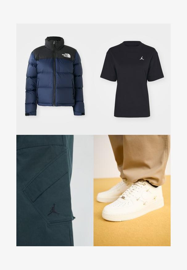Jachetă puffer bleumarin cu glugă și umeri negri, având un fermoar frontal, un model cusut și un logo pe partea stângă a pieptului.; Tricou negru din bumbac, cu guler rotund și mâneci scurte. Dispune de un logo Jumpman alb pe pieptul stâng. Textură fină, croi obișnuit.; Pantaloni cargo verde închis cu o textură mată și o buzunar înclinat. Caracteristici un logo Jumpman negru și detalii de cusătură vizibile.; Tenisi din piele albă cu vârf perforat, accente aurii și șireturi plate, asortați cu pantaloni bej, pe o suprafață texturată galbenă.