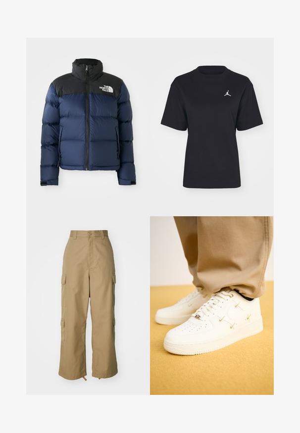 Navy blue puffer jacket with black hood and shoulders, featuring a front zip, stitched pattern, and logo on the left chest area.; Black cotton t-shirt with a round neck and short sleeves. Features a white Jumpman logo on the left chest. Smooth texture, regular fit.; Beige cargo pants with a high waist, wide legs, and four large side pockets. Made of durable fabric with a smooth texture and minimal detail.; White leather sneakers with perforated toe, golden accents, and flat laces, paired with beige pants on a textured yellow surface.