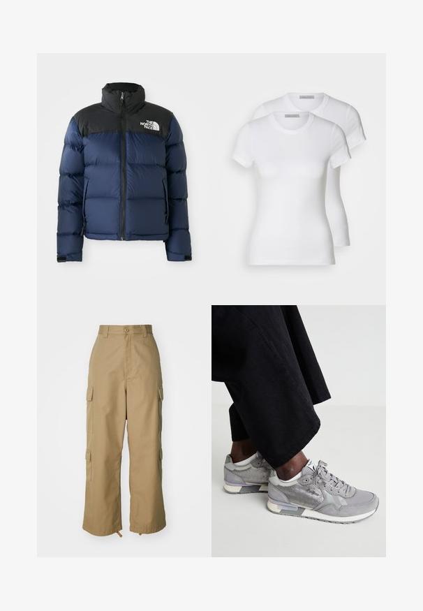 Navy blue puffer jacket with black hood and shoulders, featuring a front zip, stitched pattern, and logo on the left chest area.; Two white cotton t-shirts with short sleeves, round necklines, and a fitted silhouette, displaying a smooth texture and minimalistic design.; Beige cargo pants with a high waist, wide legs, and four large side pockets. Made of durable fabric with a smooth texture and minimal detail.; Gray sneakers with mesh and suede materials, featuring a white sole, light gray accents, and laces. Worn with loose black fabric pants.