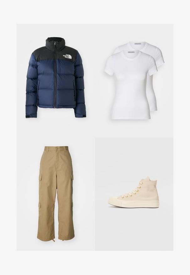 Jachetă puffer bleumarin cu glugă și umeri negri, având un fermoar frontal, un model cusut și un logo pe partea stângă a pieptului.; Două tricouri albe din bumbac, cu mâneci scurte, guler rotund și o siluetă ajustată, având o textură netedă și un design minimalist.; Pantaloni cargo bej cu talie înaltă, picioare largi și patru buzunare laterale mari. Realizați dintr-un material durabil, cu o textură netedă și detalii minimale.; Sneaker înalt de culoare bej, fabricat din pânză netedă, cu ochiuri aurii, talpă din cauciuc alb și capac pentru vârf. Prezintă un design cu șireturi în față.