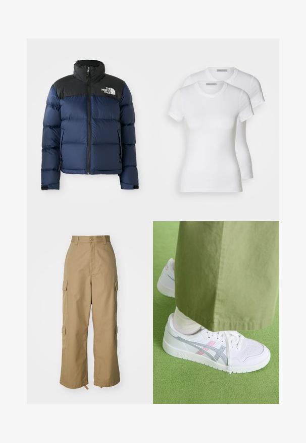 Mørkeblå puffjakke med svart hette og skuldre, med glidelås foran, sydd mønster og logo på venstre brystområde.; To hvite bomulls t-skjorter med korte ermer, rund hals og en tettsittende silhuett, som viser en jevn tekstur og minimalistisk design.; Beige cargo bukser med høj talje, brede ben og fire store sidelommer. Fremstillet af slidstærkt stof med en glat tekstur og minimal detalje.; Hvite sneakers med grå og rosa detaljer, med en glatt læroverdel, perforert tåboks og flat hvit såle, kombinert med olivengrønne bukser.