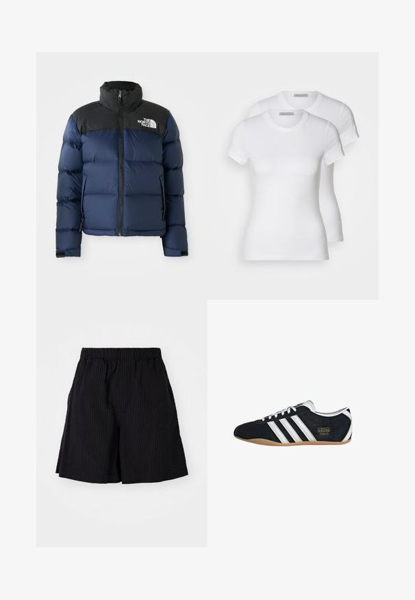 Marineblaue Steppjacke mit schwarzer Kapuze und Schultern, ausgestattet mit einem Reißverschluss vorne, genähtem Muster und Logo im linken Brustbereich.; Zwei weiße Baumwoll-T-Shirts mit kurzen Ärmeln, Rundhalsausschnitten und einer engen Passform, die eine glatte Textur und ein minimalistisches Design aufweisen.; Schwarze Shorts aus strukturiertem Stoff mit einem gerippten Muster. Besitzen einen elastischen Bund und eine lockere Passform. Enden knapp über dem Knie.; Schwarze Wildledersneaker mit drei weißen Streifen, goldenem Logo und brauner Gummisohle. Merkmale ein niedrigprofiliertes Schnürdesign.