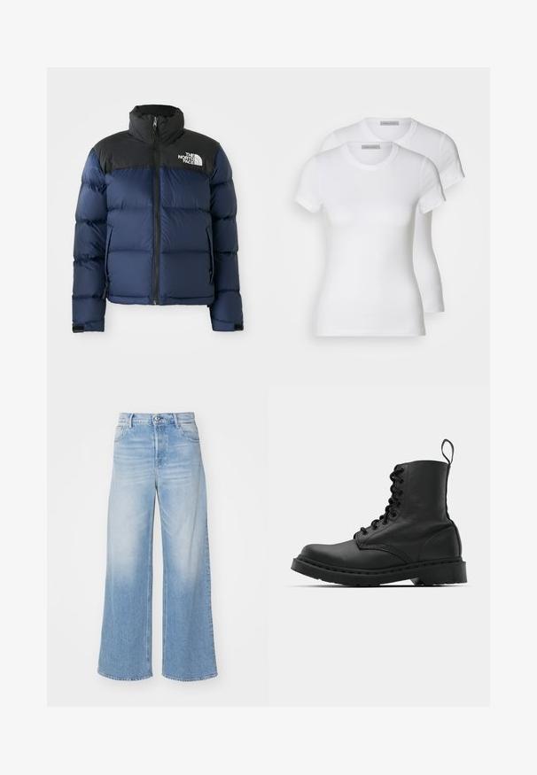 Navy blue puffer jacket with black hood and shoulders, featuring a front zip, stitched pattern, and logo on the left chest area.; Two white cotton t-shirts with short sleeves, round necklines, and a fitted silhouette, displaying a smooth texture and minimalistic design.; Light blue wide-leg jeans made of denim, featuring a high waist, button closure, and front pockets with subtle fading. Straight hem finish.; Black leather combat boot with a round toe, lace-up front, and a pull tab at the ankle. Features a thick rubber sole for durability.