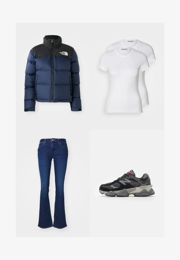 Navy blue puffer jacket with black hood and shoulders, featuring a front zip, stitched pattern, and logo on the left chest area.; Two white cotton t-shirts with short sleeves, round necklines, and a fitted silhouette, displaying a smooth texture and minimalistic design.; Dark blue denim flared jeans with a fitted waist, button closure, and subtle fading. Contrast stitching visible along seams.; Black and gray sneaker with a mix of suede and mesh materials, thick sole, prominent logo, and red accent on the tongue.