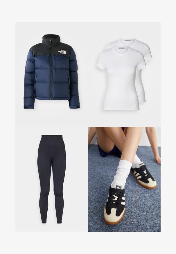 Giacca a vento blu navy con cappuccio e spalle nere, caratterizzata da una zip frontale, un motivo cucito e un logo sull'area sinistra del petto.; Due t-shirt bianche in cotone con maniche corte, scollatura rotonda e silhouette aderente, presentano una texture liscia e un design minimalista.; Leggings neri a vita alta realizzati in un tessuto elastico e morbido. Presentano un design aderente e bordi senza cuciture per comfort e flessibilità.; Scarpe sportive in bianco e nero con tomaia in camoscio e pelle, caratterizzate da tre strisce bianche e una suola in gomma. Paio indossato con calzini bianchi.