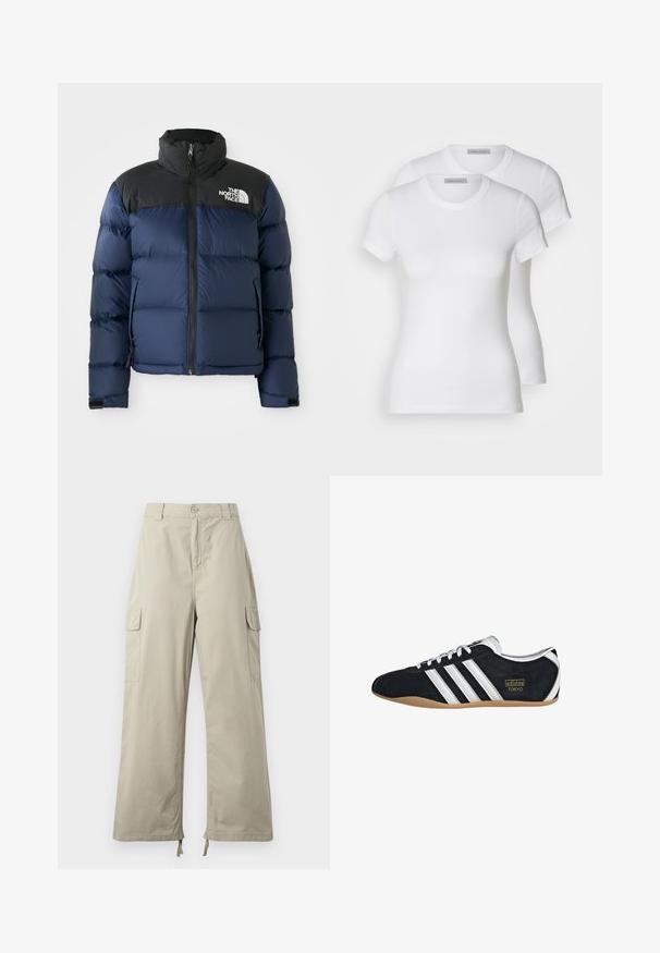 Sötétkék pufi dzseki fekete kapucnival és vállakkal, elülső cipzárral, steppelt mintázattal és logóval a bal mellkas területén.; Két fehér pamut póló rövid ujjal, kerek nyakkivágással és karcsú szabással, sima textúrával és minimalista dizájnnal.; Világos bézs cargo nadrág, laza szabású, gombos záródással, oldal zsebekkel és állítható szegéllyel, megkötőkkel. Simább anyagtextúra.; Fekete velúr sportcipő fehér három csíkkal, arany logóval és barna gumitalppal. Alacsony profilú, fűzős dizájnnal rendelkezik.