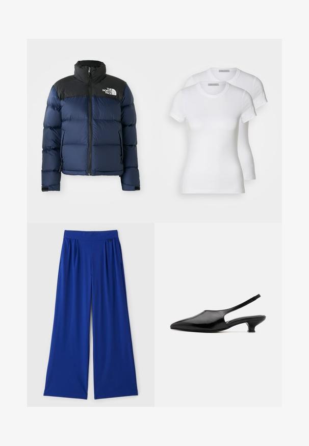 Casaco puffer azul-marinho com capuz e ombros pretos, apresentando fecho éclair frontal, padrão costurado e logótipo na área do peito esquerdo.; Duas t-shirts de algodão brancas com mangas curtas, decote redondo e uma silhueta ajustada, exibindo uma textura suave e design minimalista.; Calças largas em azul brilhante, feitas de um tecido liso e elástico. Apresentam uma cintura elástica e bolsos laterais para funcionalidade.; Saltos slingback em couro preto com bico fino, lados abertos e um salto curto e ligeiramente alargado. Textura suave e design minimalista.