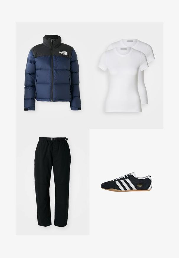 Tamsiai mėlynas pūkuotas švarkas su juodu gobtuvu ir pečiais, turintis priekines užtrauktuką, siuvinėtą raštą ir logotipą kairėje krūtinės pusėje.; Du du baltos medvilnės trumpomis rankovėmis marškiniai, su apvaliu iškirpimu ir prigludusia siluetu, turintys lygią tekstūrą ir minimalistinį dizainą.; Juodi lengvi kelnės su elastinga juosmeniu ir reguliuojamu diržu. Turi siaurėjantį siluetą ir sustiprintas kelio zonas, užtikrinančias ilgaamžiškumą.; Juodas zomšinis sportbačiai su baltomis trimis juostelėmis, auksine logotipu ir rudai guma pagamintu padu. Pasižymi žemu profiliu ir raišteliais.