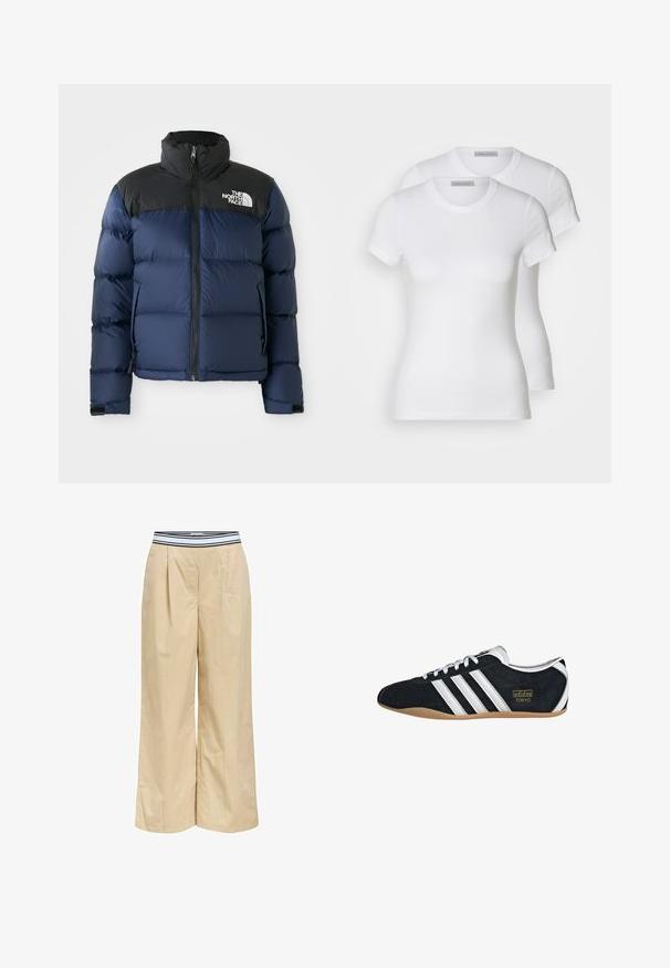 Navy blue puffer jacket with black hood and shoulders, featuring a front zip, stitched pattern, and logo on the left chest area.; Two white cotton t-shirts with short sleeves, round necklines, and a fitted silhouette, displaying a smooth texture and minimalistic design.; Beige wide-leg trousers with a black and white striped elastic waistband, featuring front pleats and a smooth cotton texture.; Black suede sneaker with white three stripes, gold logo, and a brown rubber sole. Features a low-profile lace-up design.